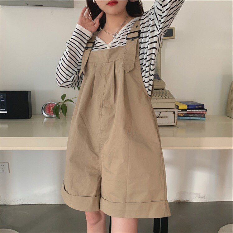 Quần sooc yếm kaki, quần yếm đùi dây bản to phong rộng freesize cá tính