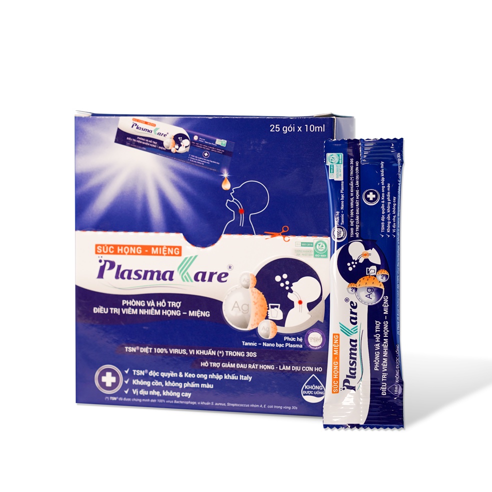 Nước súc miệng nano bạc PlasmaKare dạng túi 10ml - Giúp kiểm soát nhiễm trùng loét miệng , Viêm họng  bằng phức hệ TSN