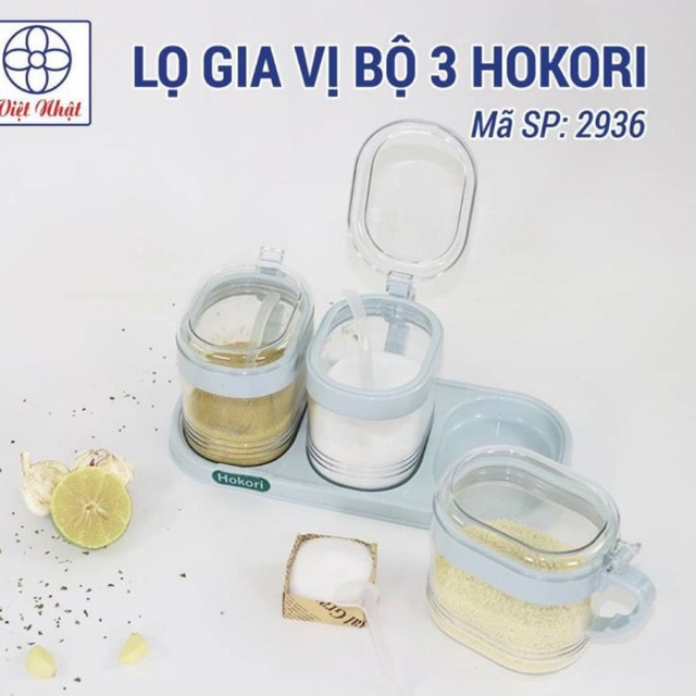 Set 3 hũ đựng gia vị HOKORI nhựa trắng trong suốt kèm muỗng dung tích 700ml