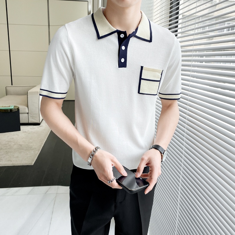 Áo Thun POLO Dệt Kim Tay Ngắn Có Túi Màu Sắc Tương Phản Dành Cho Nam