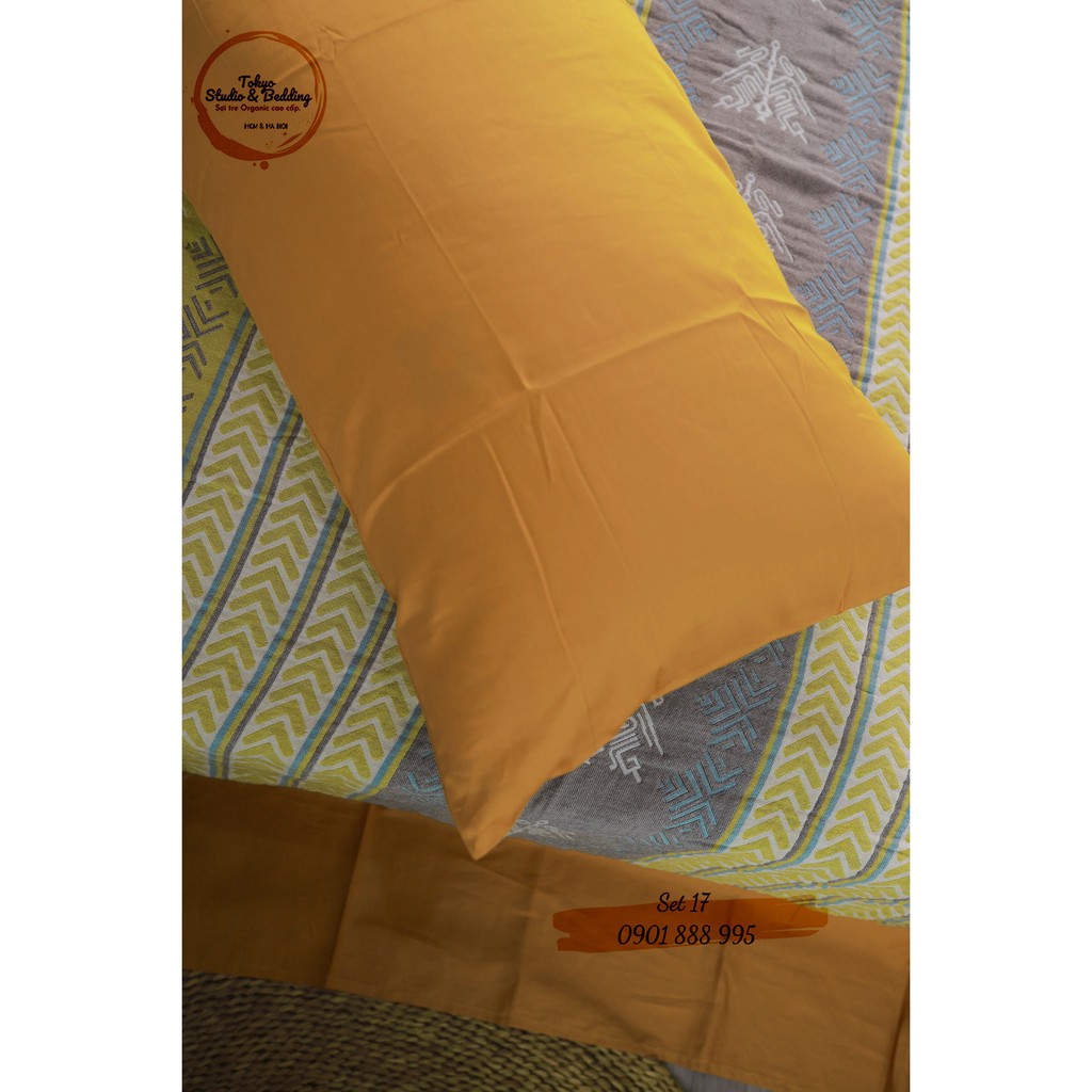 Set 17 _ Chăn Xô Cotton Sợi tre Organic dòng Basic &amp; Ga gối Lụa
