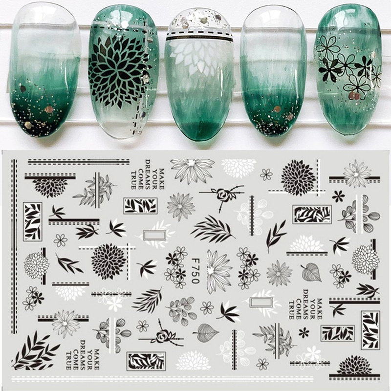 1 Miếng Dán Trang Trí Móng Tay Hình Hoa Hồng Và Bướm Màu Trắng Đen