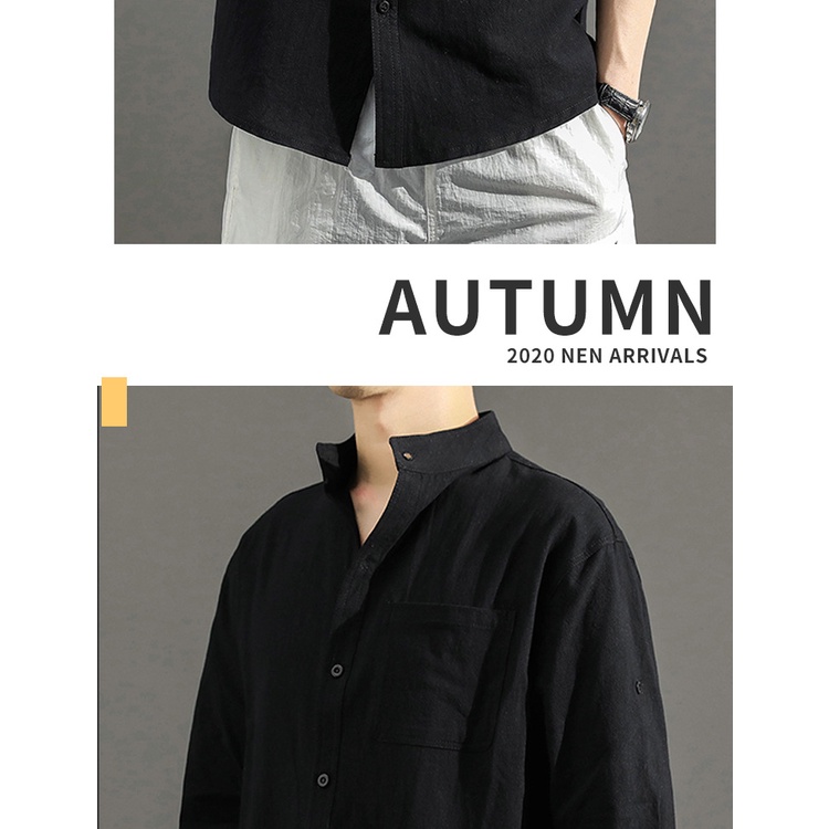 Áo Sơ Mi Lanh Tay Lửng Cổ Đứng Dáng Rộng Phong Cách Trung Hoa Cho Nam