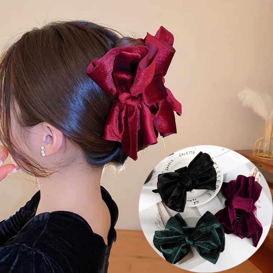 Kẹp Tóc Càng Cua Đính Nơ Vải Nhung Dễ Thương Ngọt Ngào Phong Cách Hàn Quốc