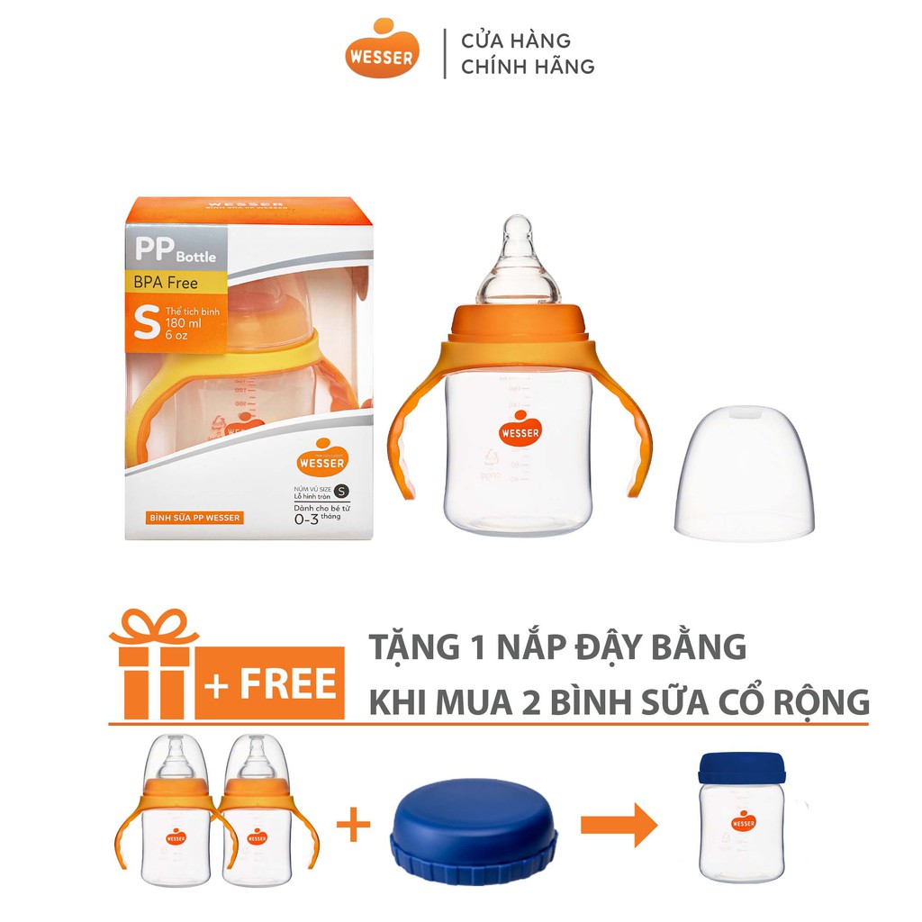 ( TẶNG KÈM NẮP CỔ RỘNG KHI MUA TỪ 2 BÌNH ) - Bình sữa Wesser PP (cổ rộng) 180ml