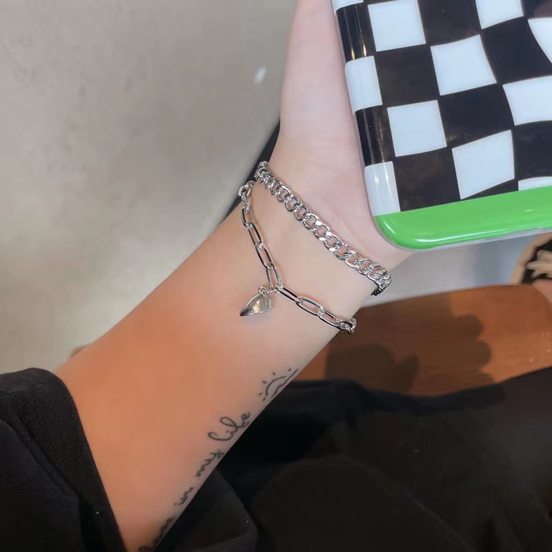 iF YOU Vòng đeo tay   mạ bạc mặt trái tim đôi phong cách Hàn Quốc