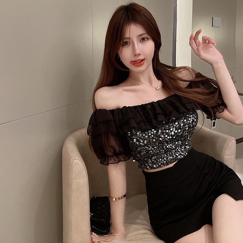 Áo Chiffon Tay Ngắn Hở Vai Đính Kim Sa Lấp Lánh Quyến Rũ Dành Cho Nữ