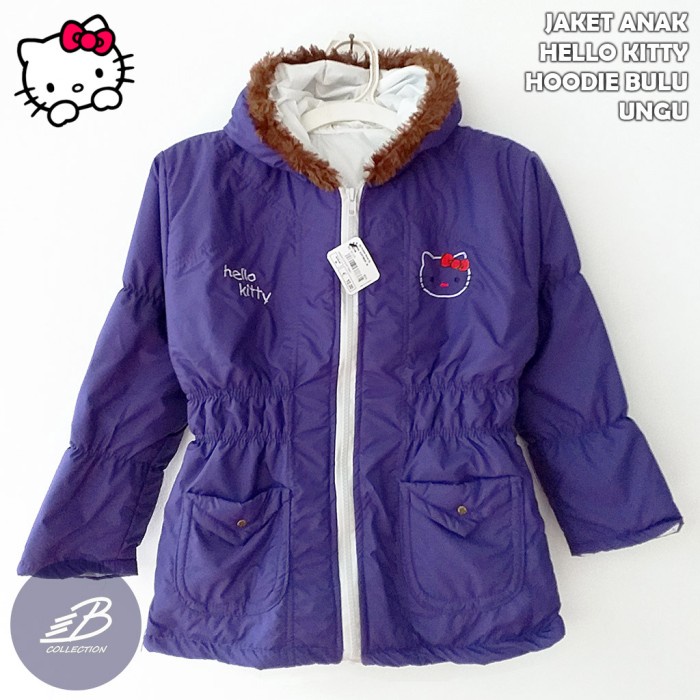 Hàng Có Sẵn Áo Khoác Dù Hoodie Dày Dặn In Hình Mèo Kitty Màu Tím Size XXL 6-10 Tuổi Cho Bé Gái