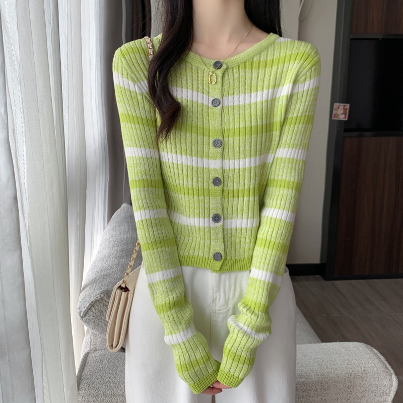 ZHELIHANGFEI Áo Cardigan Dệt Kim Tay Dài Lưng Cao Kẻ Sọc Dễ Phối Đồ