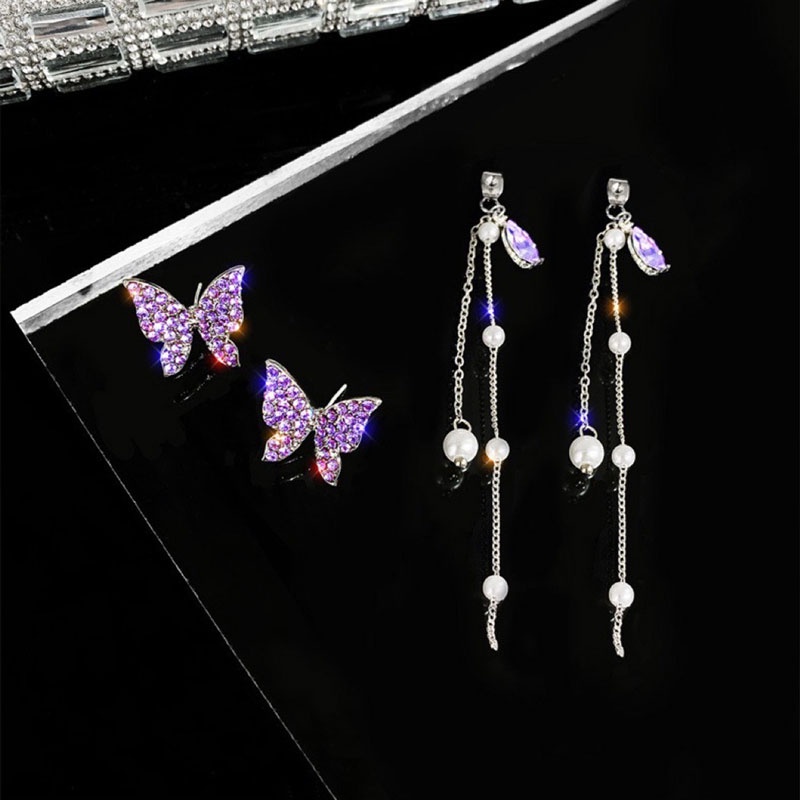 Bông Tai Dáng Dài Phối Tua Rua Hình Bướm Dễ Thương Phong Cách Hàn Quốc Cho Nữ