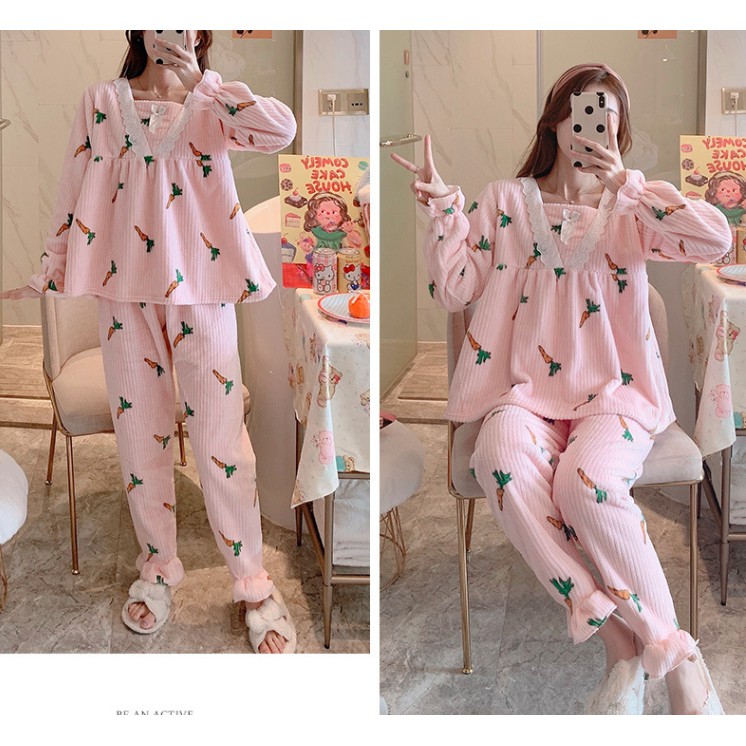 Đồ Bộ Pijama 🌸 Bộ Ngủ Thu Đông Nữ Chất Liệu Nhung Tăm Tay Dài MSP446 | BigBuy360 - bigbuy360.vn