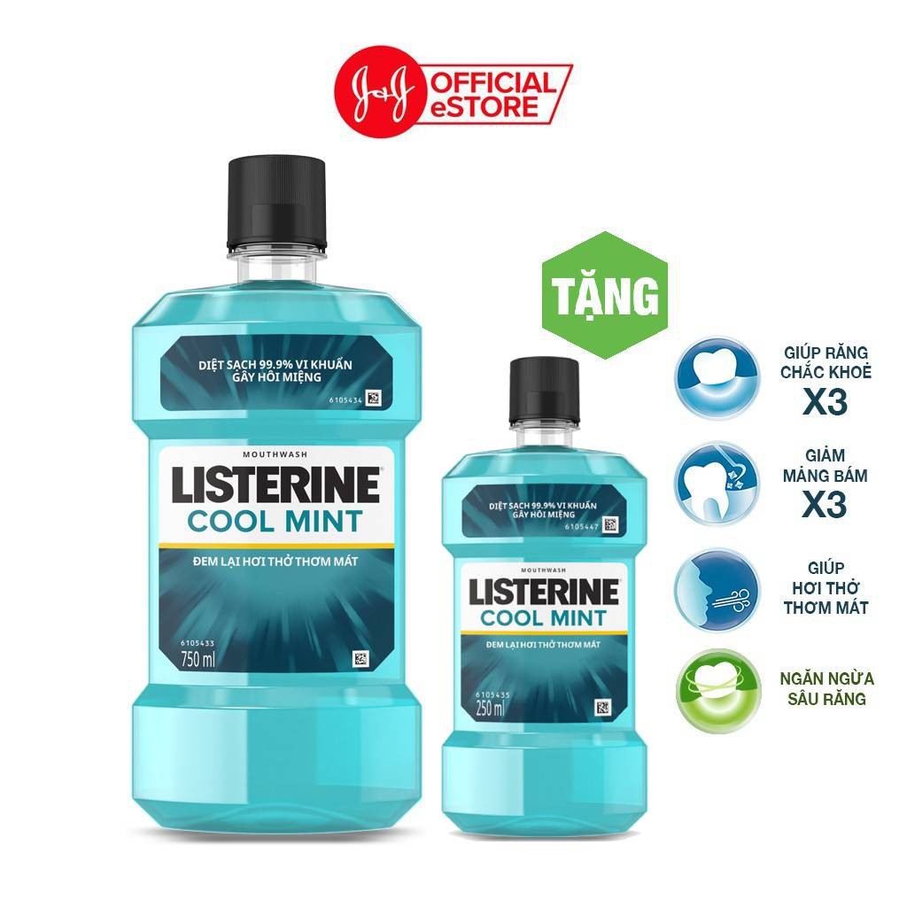 Nước súc miệng hơi thở thơm mát Listerine Cool Mint 750ml Tặng nước súc miệng Listerine Coolmint 250ml - 100932629