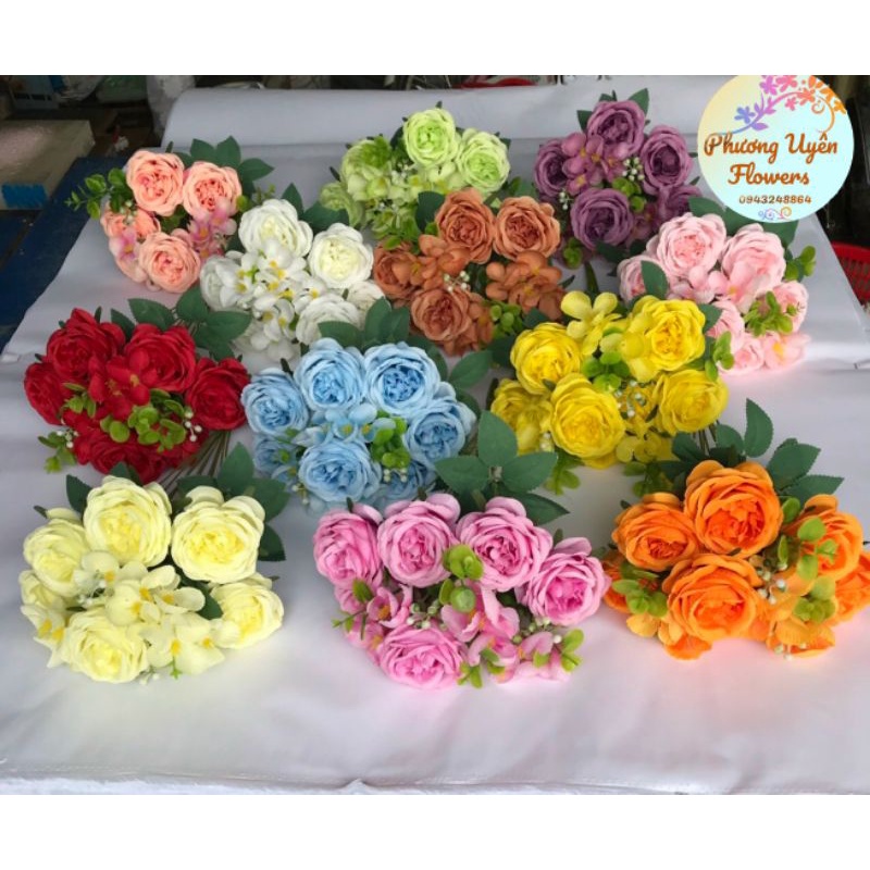 Cụm Hồng Trà 9 Bông _size 8cm_ Hoa Lụa Cao Cấp
