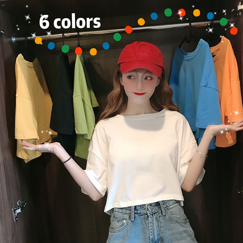 Loose simple solid color short white short-sleeved T-shirt female student BF half-sleeved t-shirt top tideblxy520.vn