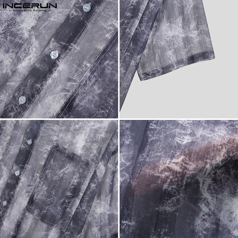 Áo sơ mi INCERUN tay lửng xuyên thấu họa tiết đá hoa cương đơn giản thời trang mùa hè dành cho nam