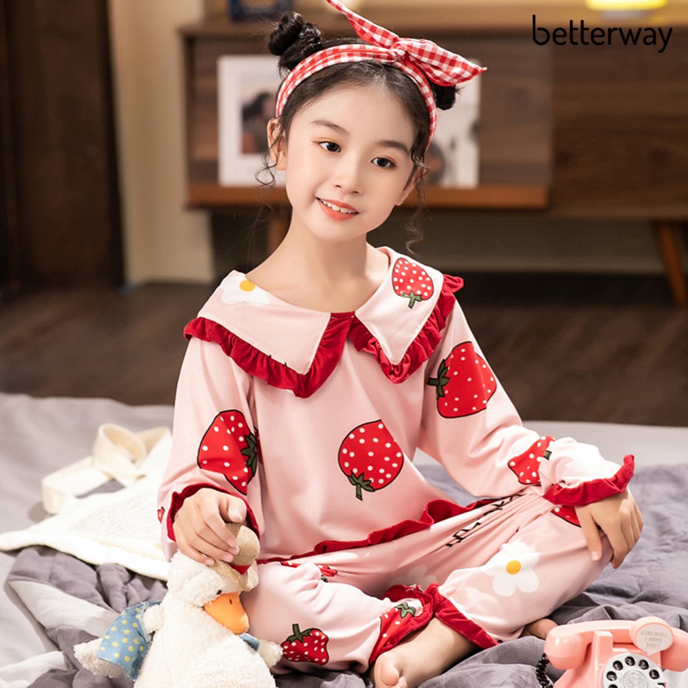 Bộ Đồ Ngủ Vải Cotton Tay Dài In Họa Tiết Hoạt Hình Dễ Thương Cho Bé Gái