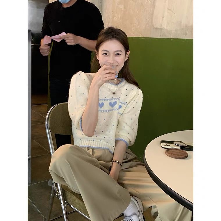 Áo Sweater Tay Ngắn Cổ Tròn Dáng Rộng Màu Sắc Tương Phản Thời Trang Mùa Xuân Cho Nữ