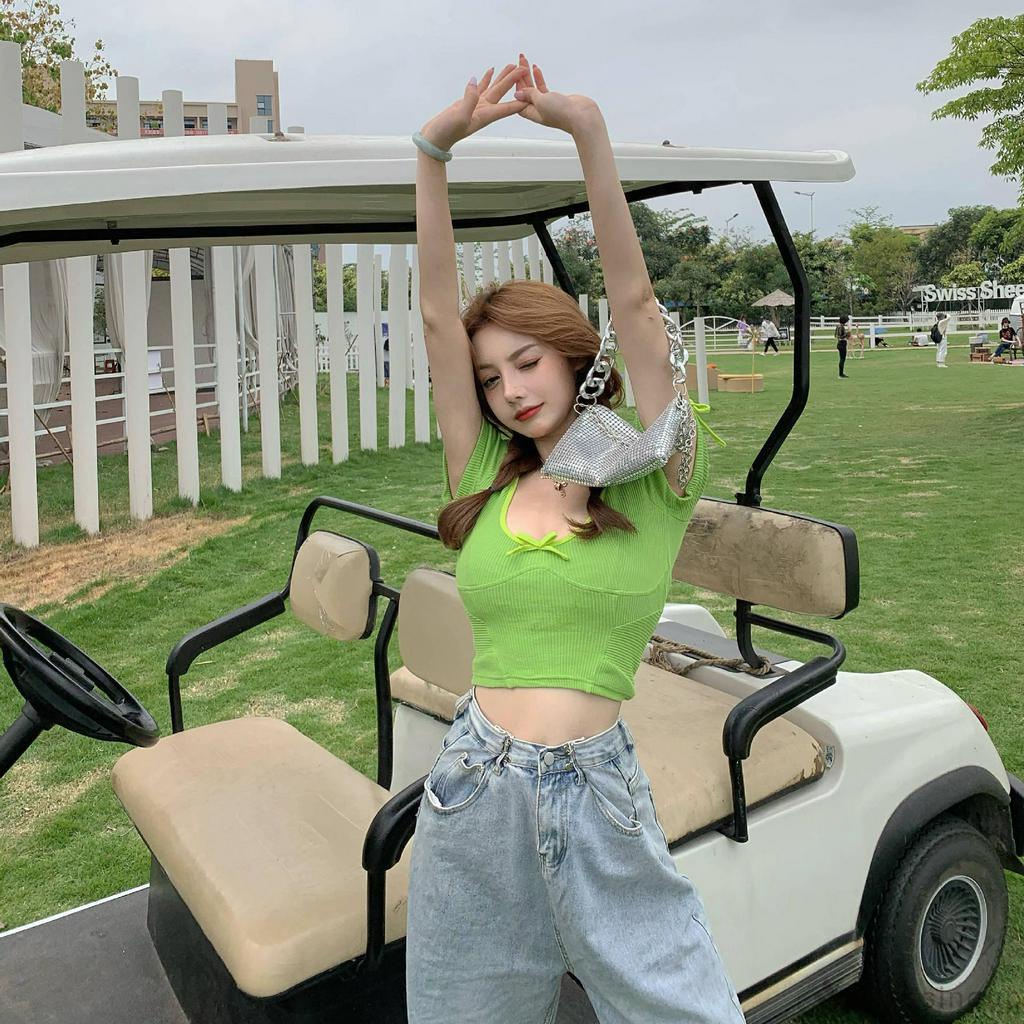 Áo Croptop Ngắn Tay Cổ Chữ U Phối Nơ Cá Tính Dành Cho Nữ