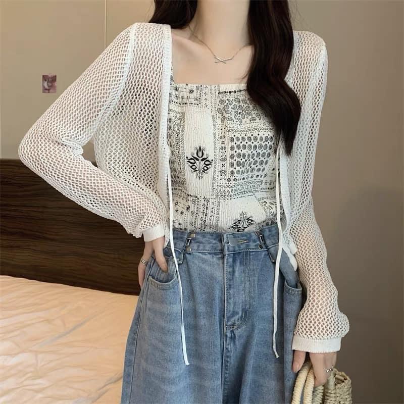 Áo cadigan len mỏng croptop dạng dưới khoác ngoài thắt nơ ulzzang