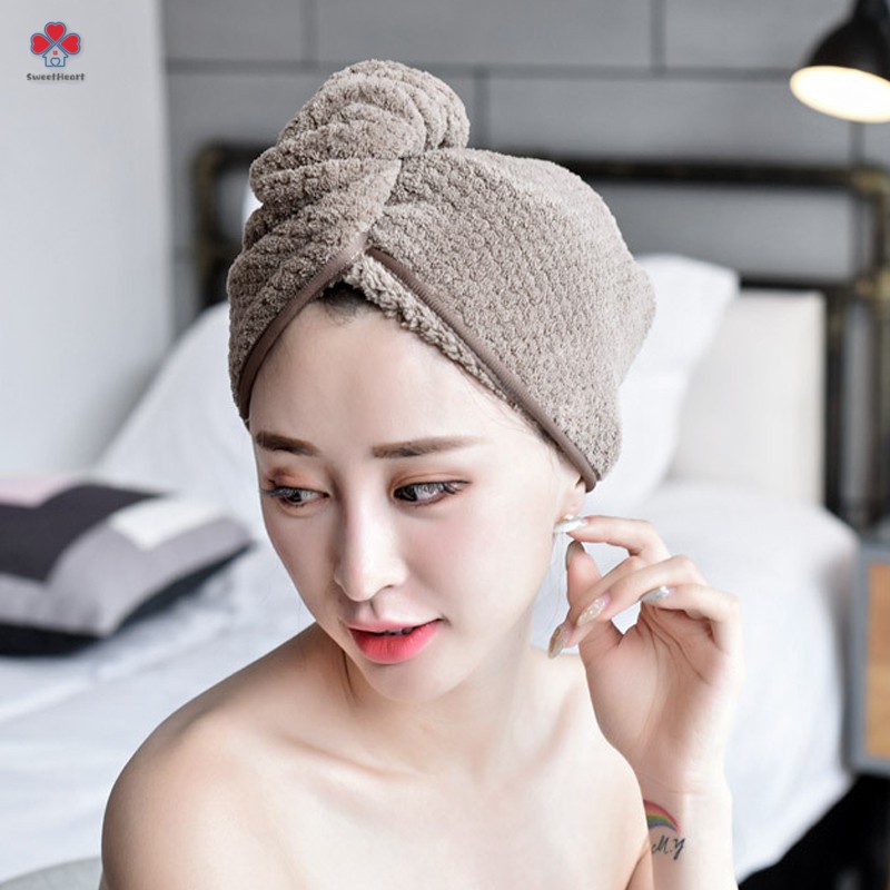 Khăn quấn đầu lau khô tóc nhanh chóng bằng microfiber có nút cài tiện lợi | BigBuy360 - bigbuy360.vn