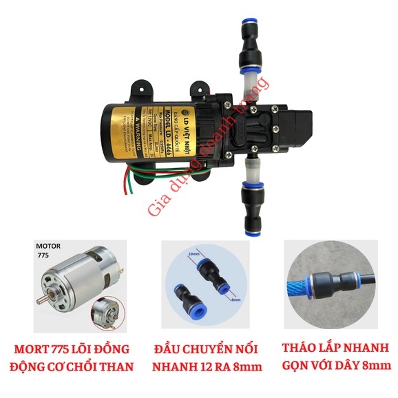 Máy bơm nước mini 12v, Máy bơm phun sương việt nhật kèm đầu chuyển nối nhanh 12mm ra 8mm