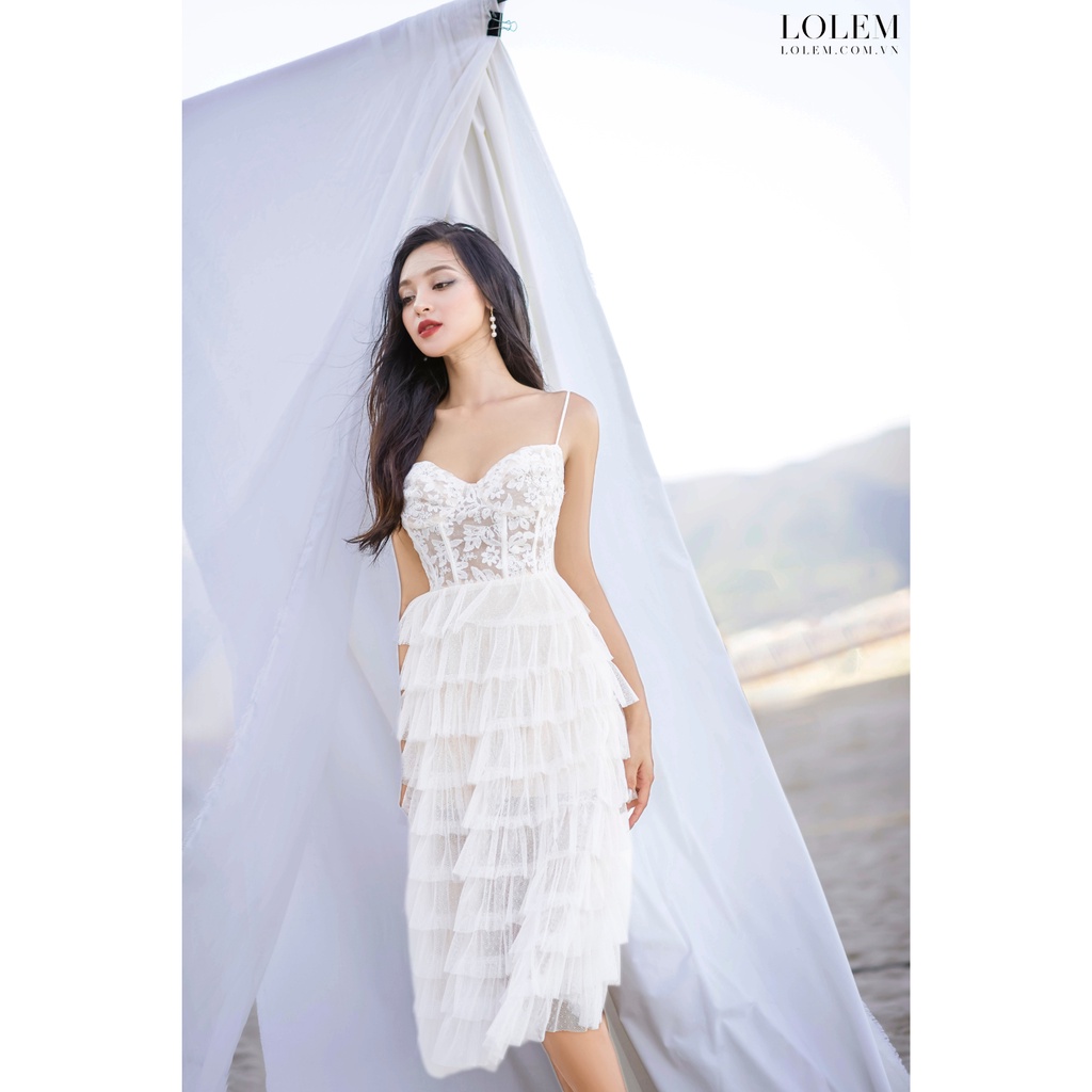 Đầm ren dự tiệc LOLEM DX331 thiết kế hai dây phối lưới tầng form corset