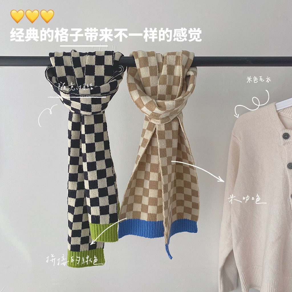 Khăn choàng cổ kiểu ngắn mềm mại họa tiết caro thời trang mùa thu đông dễ phối đồ