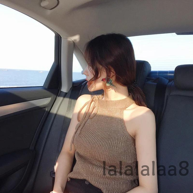 LAA8-YS-Women Leisure Style Solid Color Round Collar Off Shoulder Tie Up Slim Sleeveless Tank Top