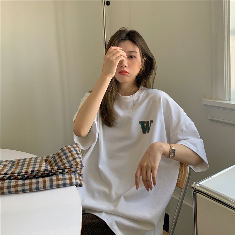 Áo thun SUXI cotton tay ngắn dáng rộng in chữ thời trang mùa hè cho nữ