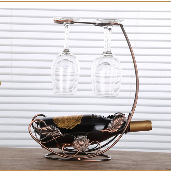Kệ để vang kèm giá treo 4 ly vang - Giá đỡ vang có móc treo 4 ly trang trí bàn ăn & quầy bar