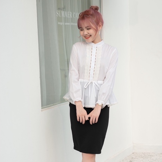 Áo babydoll trắng thắt eo pha ren thiết kế Bazzi - ẢNH THẬT TỰ CHỤP