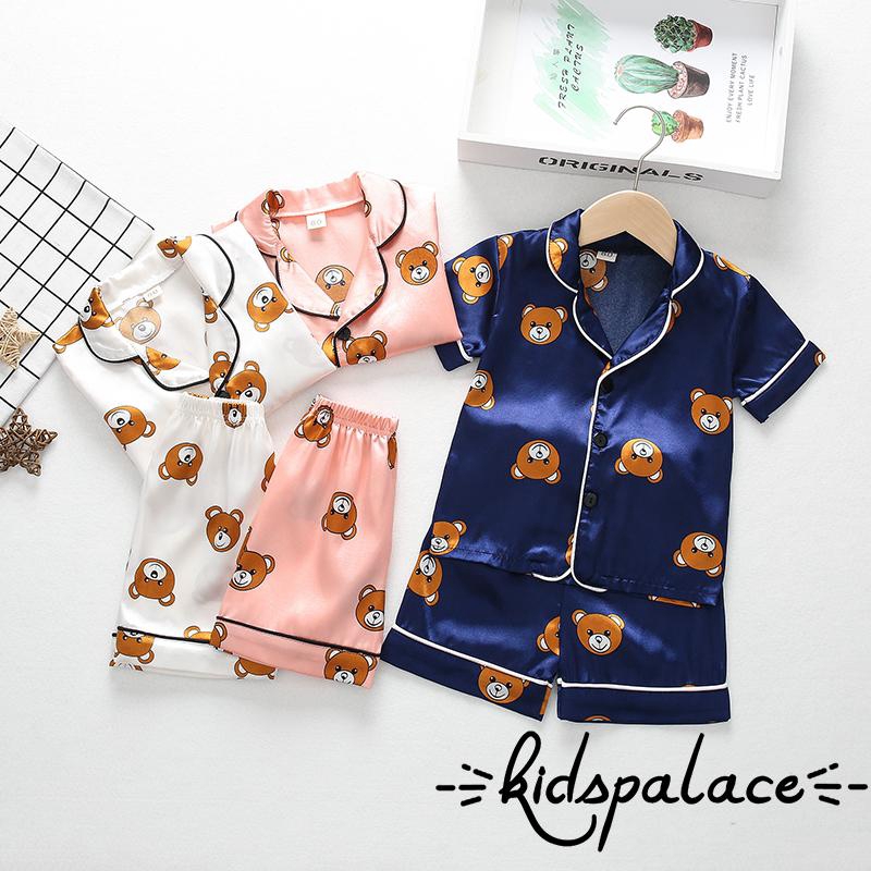 ➤♕❀❤Children Cartoon Bear Two-piece Pajamas Girls Short Sleeve Lapel Top with Button Elastic Waistband Shorts Set