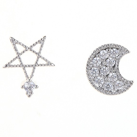 Khuyên tai bạc 925 trăng và sao đính đá nhỏ nhắn dễ thường trẻ trung đáng yêu K5568-2