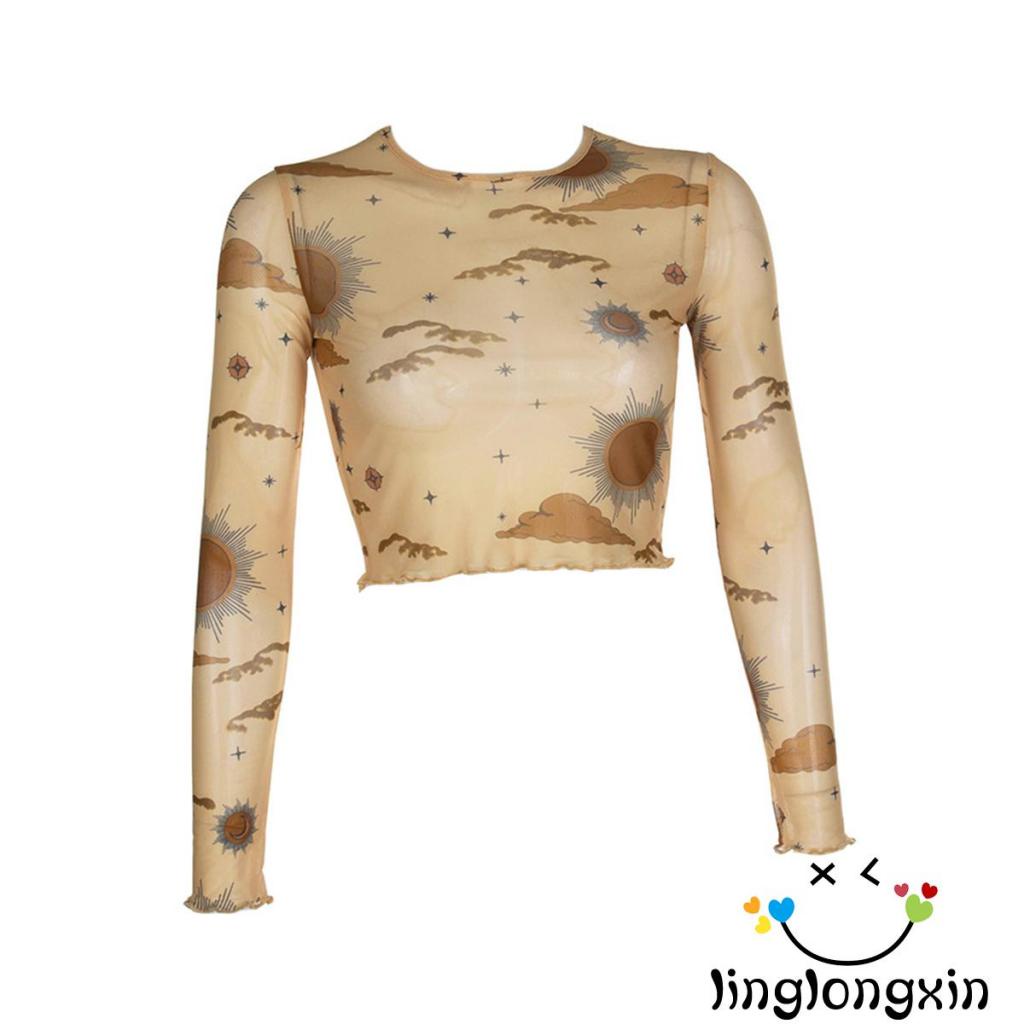 Áo Lưới Crop Top Tay Dài Cổ Tròn Xuyên Thấu Thời Trang Mùa Hè Cho Nữ ZXY68