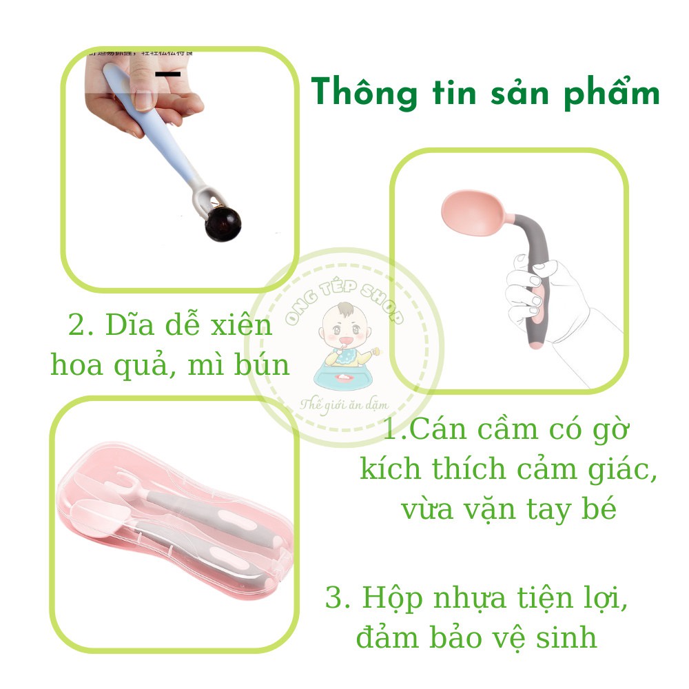 Thìa dĩa nĩa tập xúc bẻ cong cho bé ăn dặm mẫu 3 xiên