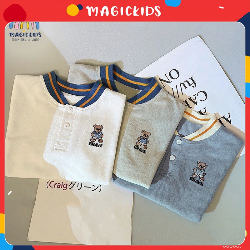 Áo polo bé trai ngắn tay cổ bomber Magickids thêu gấu chất thun cá sấu thoáng mát Quần áo trẻ em AO22028