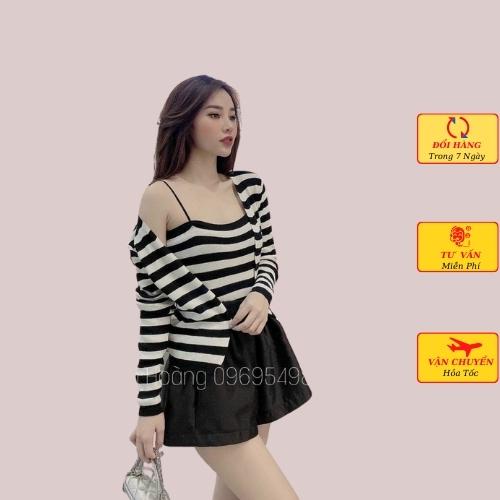 Set áo khoác cardigan len nữ kèm áo 2 dây sọc kẻ ngang đen trắng cá tính ulzzang Hàn Quốc thu đông