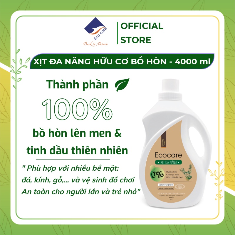 Bình Xịt Tẩy Đa Năng hữu cơ Bồ hòn Ecocare 4000ml, Chất tẩy đa năng tinh dầu tự nhiên Quế, Sả chanh