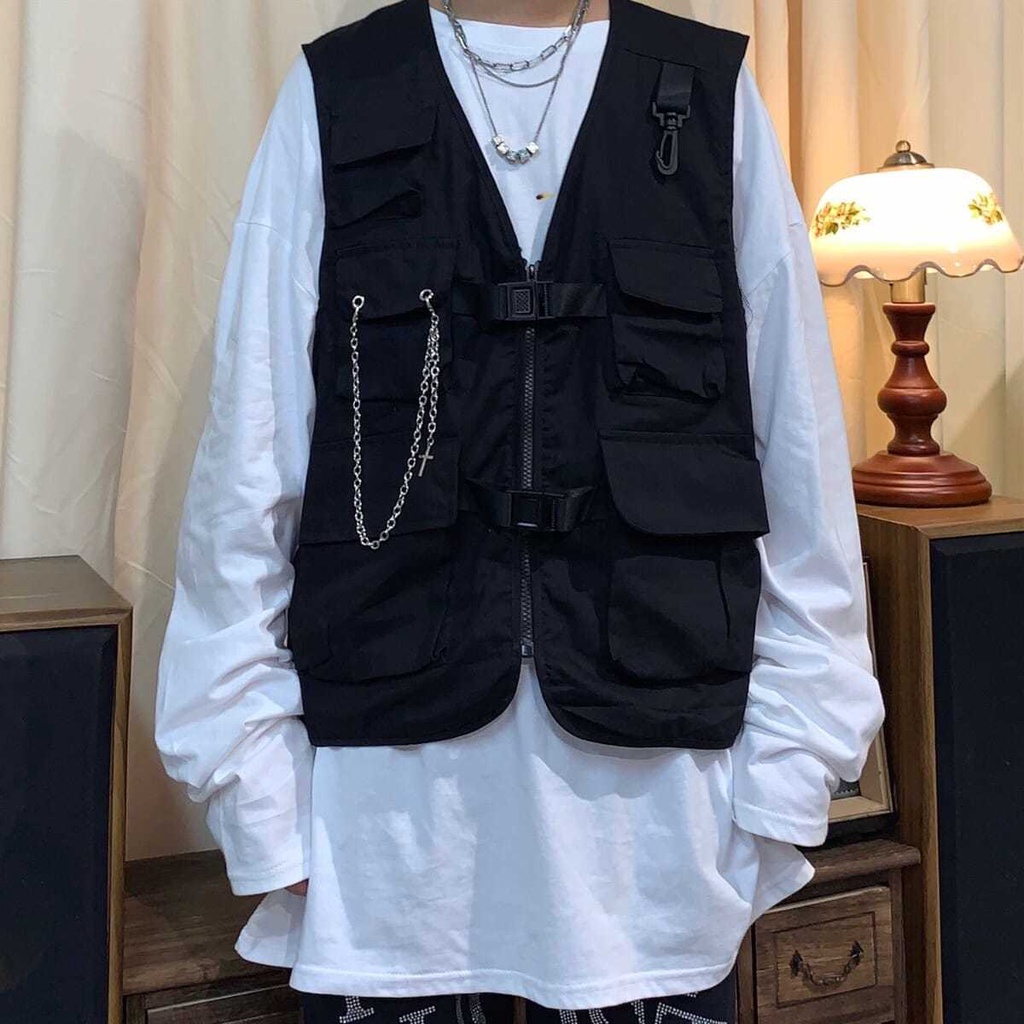 Áo Khoác Ghi Lê Nhiều Túi Phong Cách Hip Hop Nhật Bản Thời Trang Cho Nam