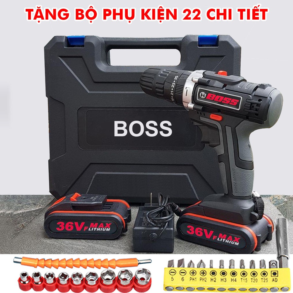 Máy Khoan Pin Cầm Tay Boss 36V - Máy Bắn Vít - Khoan Tường, Khoan Sắt, Khoan Gỗ - Tặng 22 Phụ Kiện