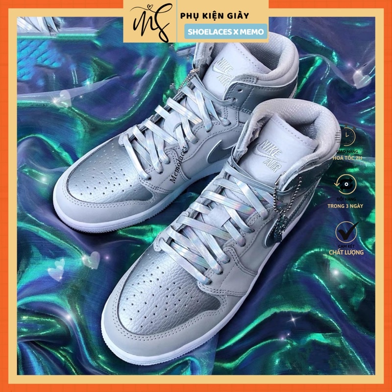 Dây giày da cao cấp dùng cho Nike Air Jordan 1-Dây phản quang Laser Bạc với đầu dây metal