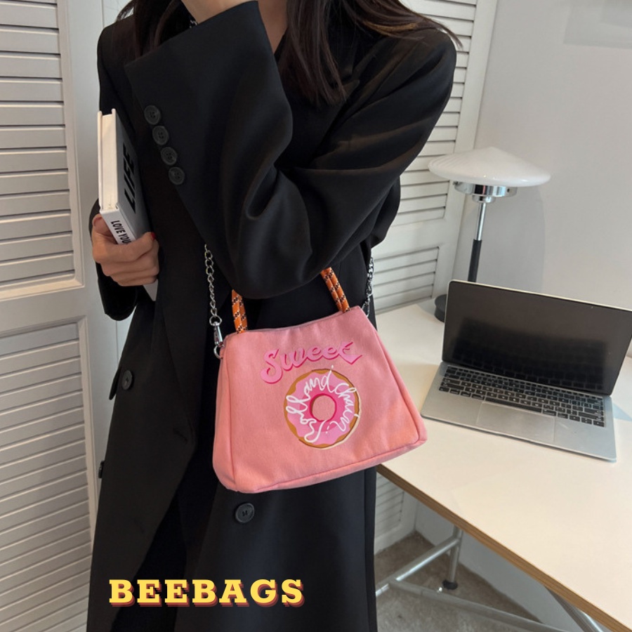 Túi Cầm Tay Chất Liệu Vải Canvas Họa Tiết Donut Dễ Thương Độc Lạ | TX43 | Túi Nữ Đeo Chéo Dây Xích Dễ Phối Đồ Đi Chơi