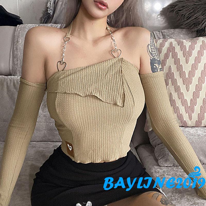 Áo Thun Dài Tay Hở Vai In Chữ Thời Trang Nữ Tính