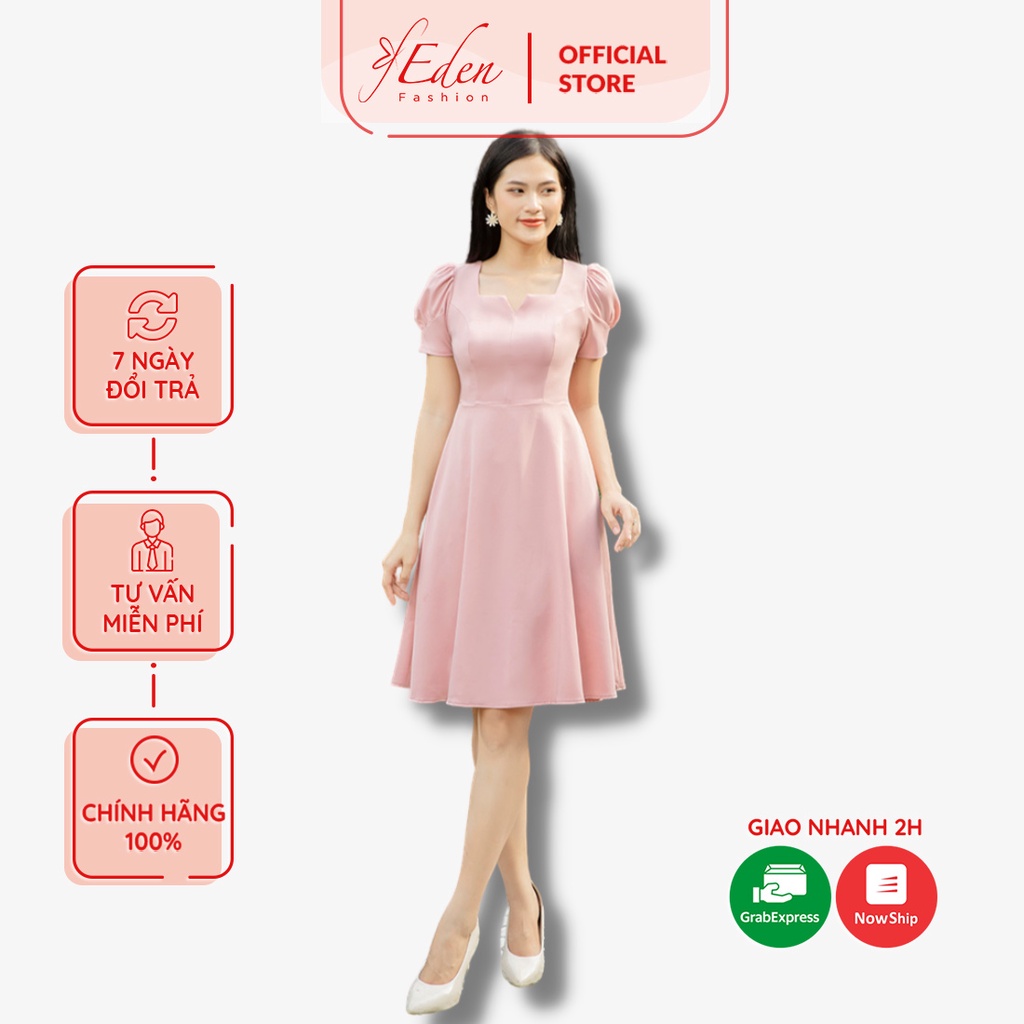 Váy đầm xòe công sở 2 lớp cổ chìa khóa tay phồng có túi Thời Trang Eden màu hồng chất liệu mango - D450