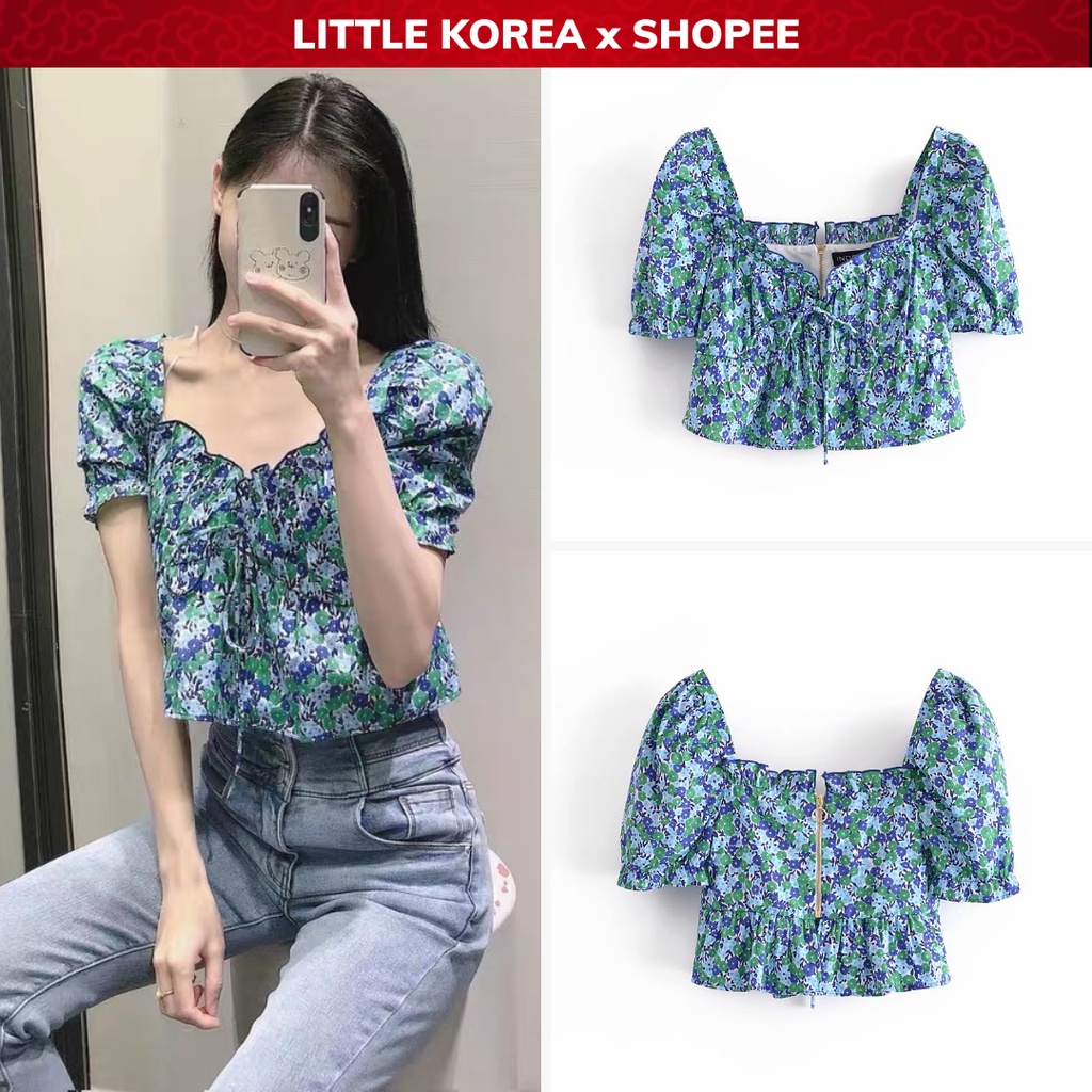 Áo Croptop Nữ Hoa Xanh Chất Đũi Thô Kiểu Cổ Chữ V Tay Bồng Ngắn - LITTLE KOREA