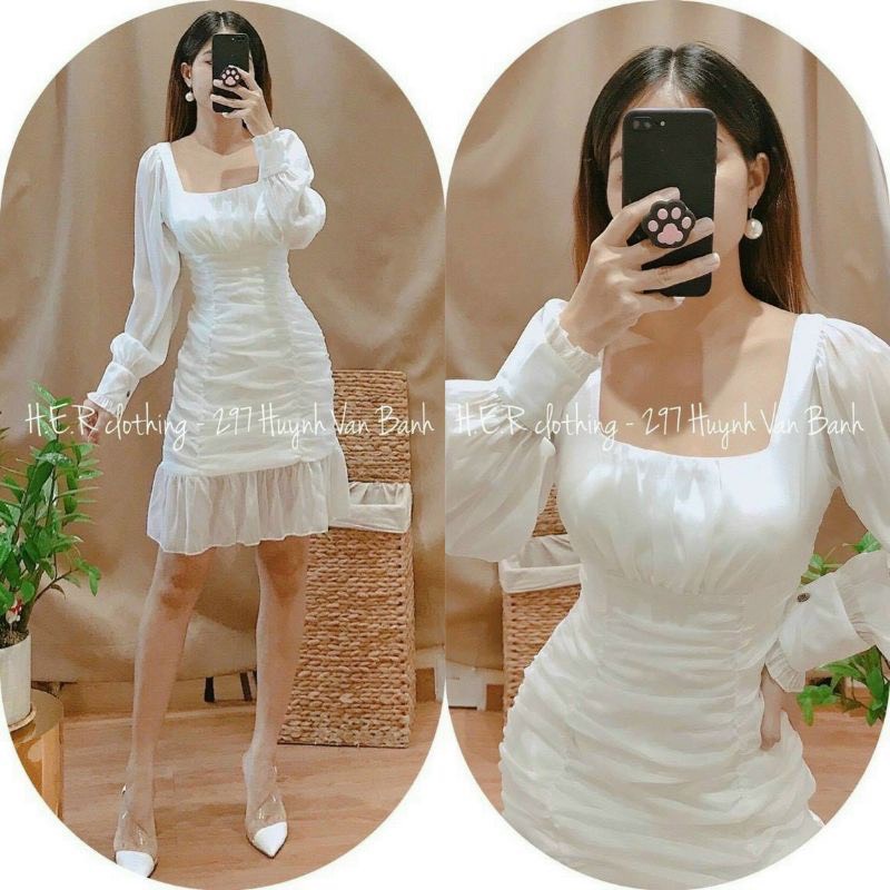 Đầm Body Trắng Dài Tay Dự Tiệc Dáng Nhún Đuôi Cá