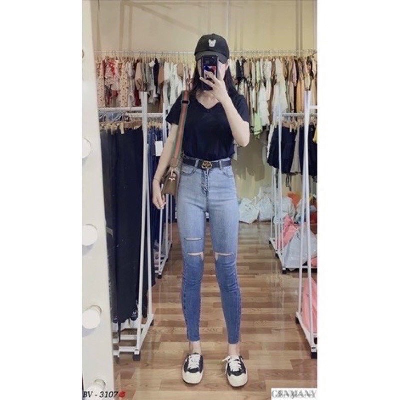 Quần jean bó sát rách gối loang màu siêu hot