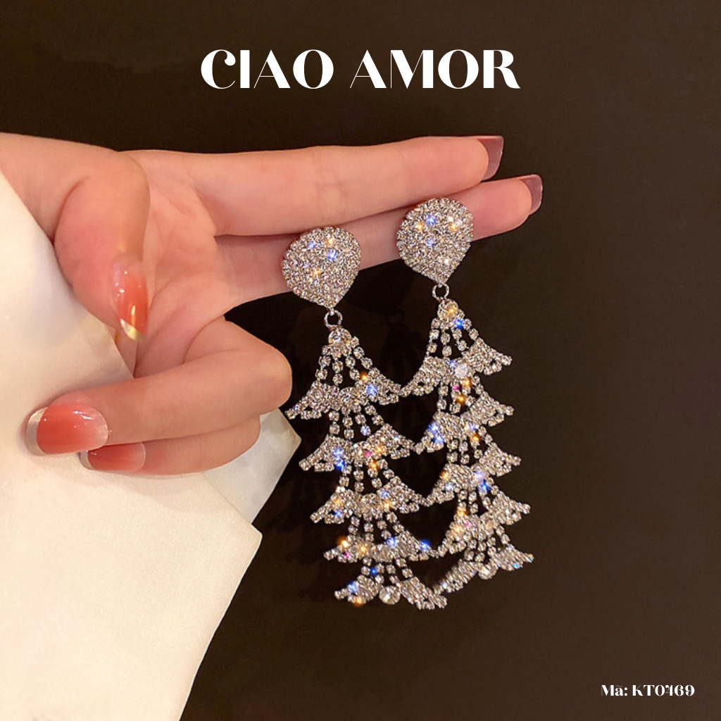 Khuyên tai nữ, Bông tai nữ dài lá tầng bling dự tiệc lấp lánh sang trọng Trang sức Ciao Amor - KT0469