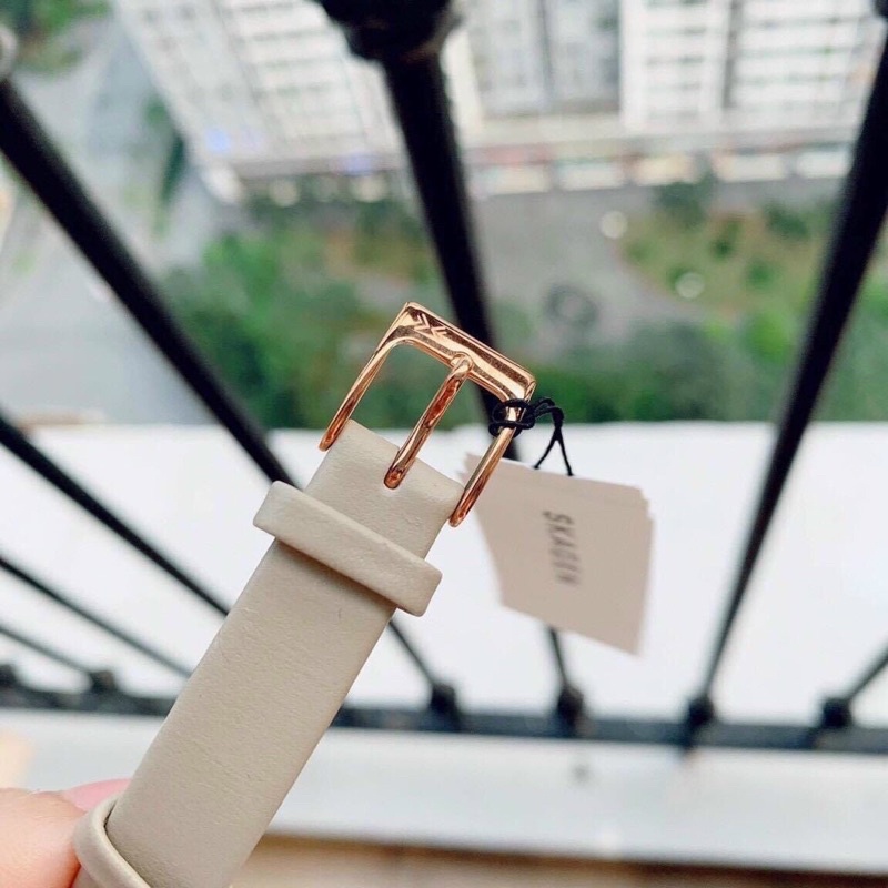 Đồng Hồ Nữ Dây Da Skagen Mặt Trắng Viền Vàng Case 26mm