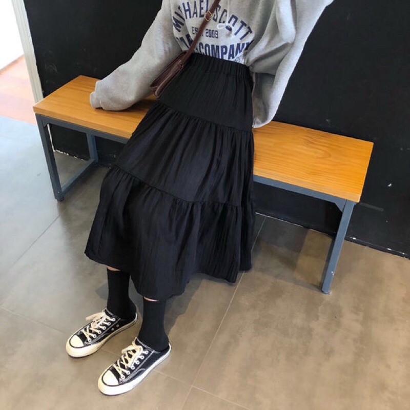 Chân váy voan xoè dáng dài phong cách ulzzang thời trang nữ có lót trong màu trắng đen | BigBuy360 - bigbuy360.vn